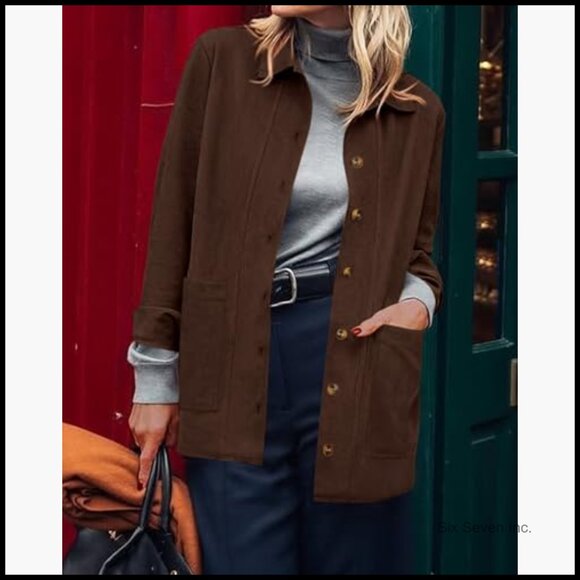 Faux Suede Jacket Women Long Sleeve Button Down Winter Coat Shacket - Picture 6 of 7